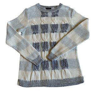 J. Crew Women’s Cable 3D Knit Striped Sweater Size M Fisherman Ecru Black Preppy